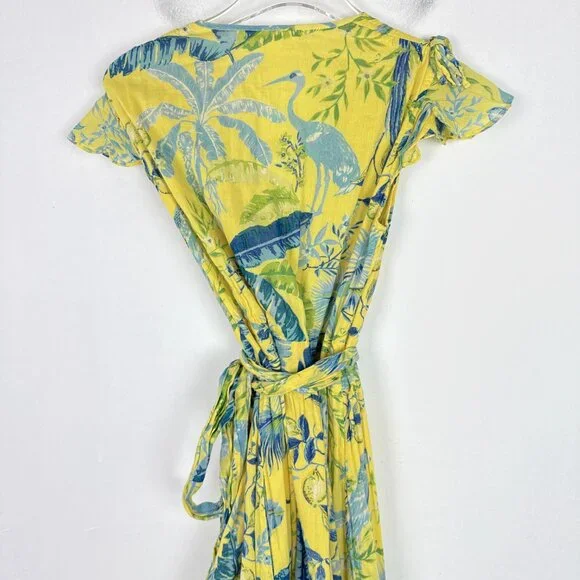 Banjanan Mercy Midi Dress Wrap Tropical Floral Bird Yellow Size Small S $370 EUC - Picture 12 of 16